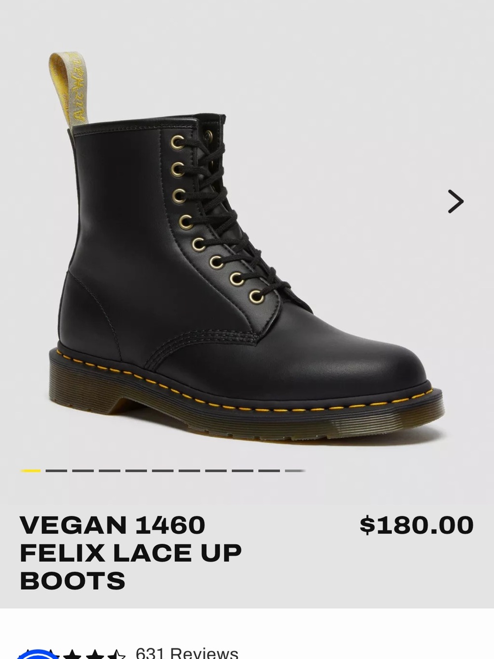 Dr. Martens Black Lace-Up Vegan 8-Eye Boot with Yellow Stitching
